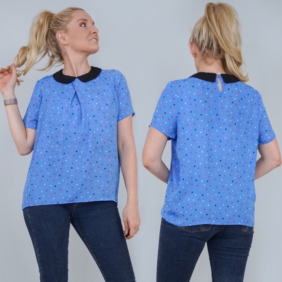 Elle Tops - Elle Blue Polka Dot Pattern with Black Collar